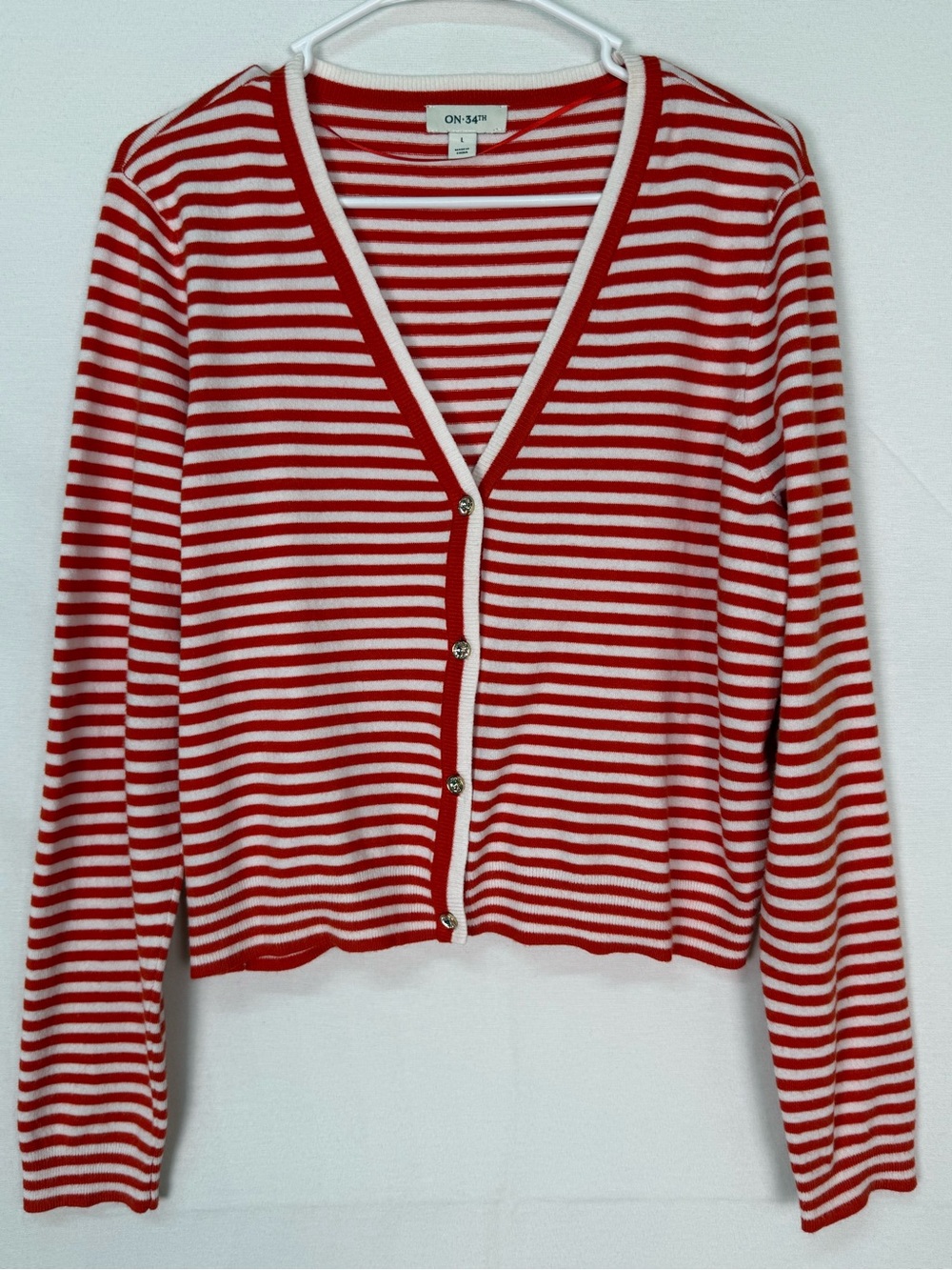 ON 34th Red and White Striped V-Neck Button Cardigan - Classic Knit